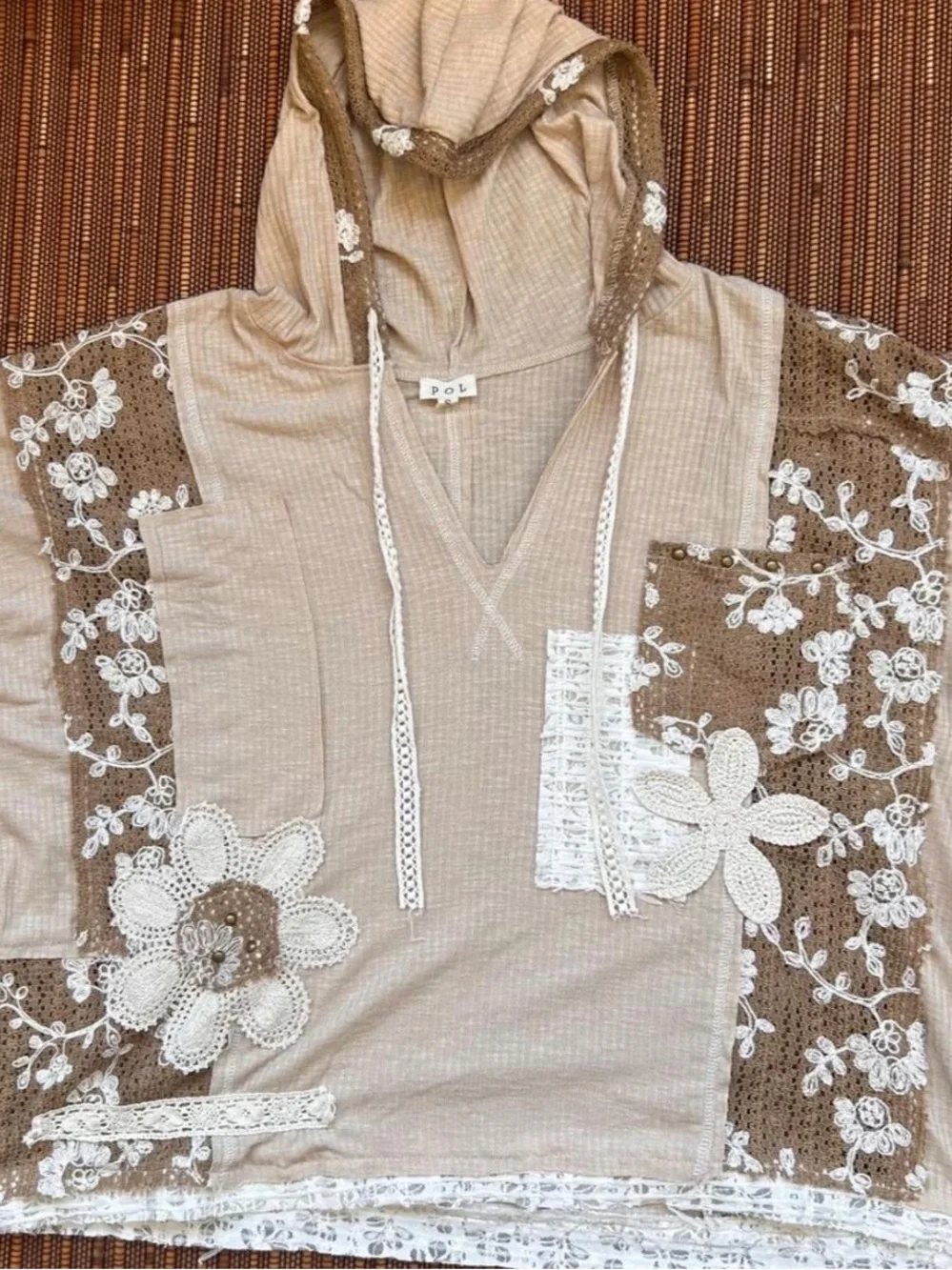 POL Beige and Brown Lace Panel Hooded Tunic